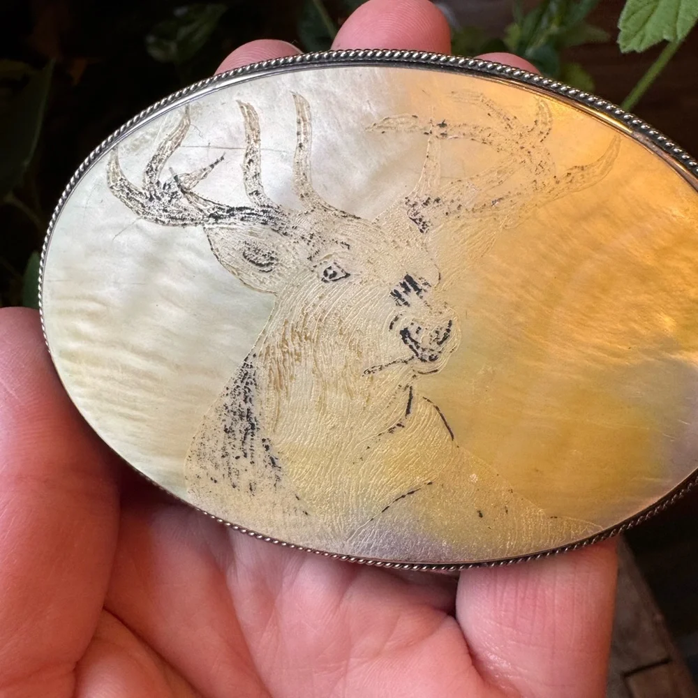 Vintage Elk Engraved Belt Buckle | Mother of Pearl Shell | Western Lodge - Picture 9 of 9